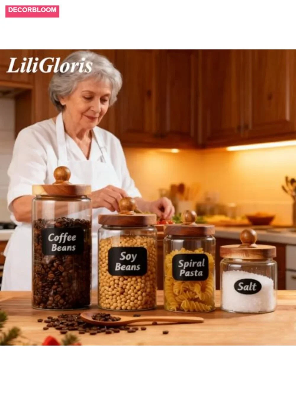 Glass Storage Jars Set of 4 with Wooden Lids - Airtight Food Containers